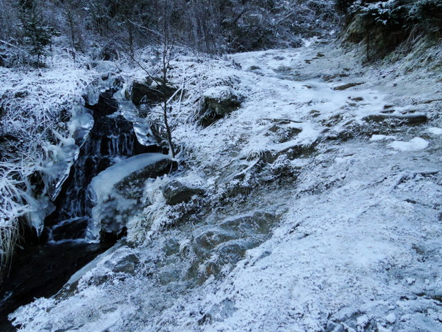 zugefroren und das Wasser kommt über dem Weg daher