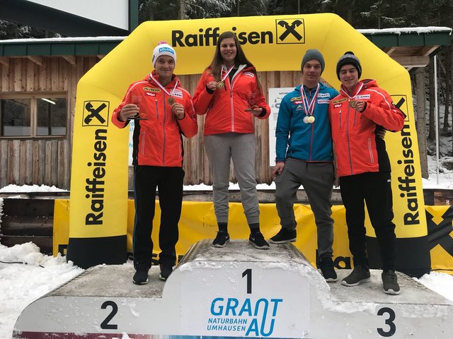 Tiroler Meister unter sich, von links: Thomas Kammerlander, Vanessa Markt, Fabian Achenrainer und Miguel Brugger. | Foto: TRV/Caroline Holzknecht
