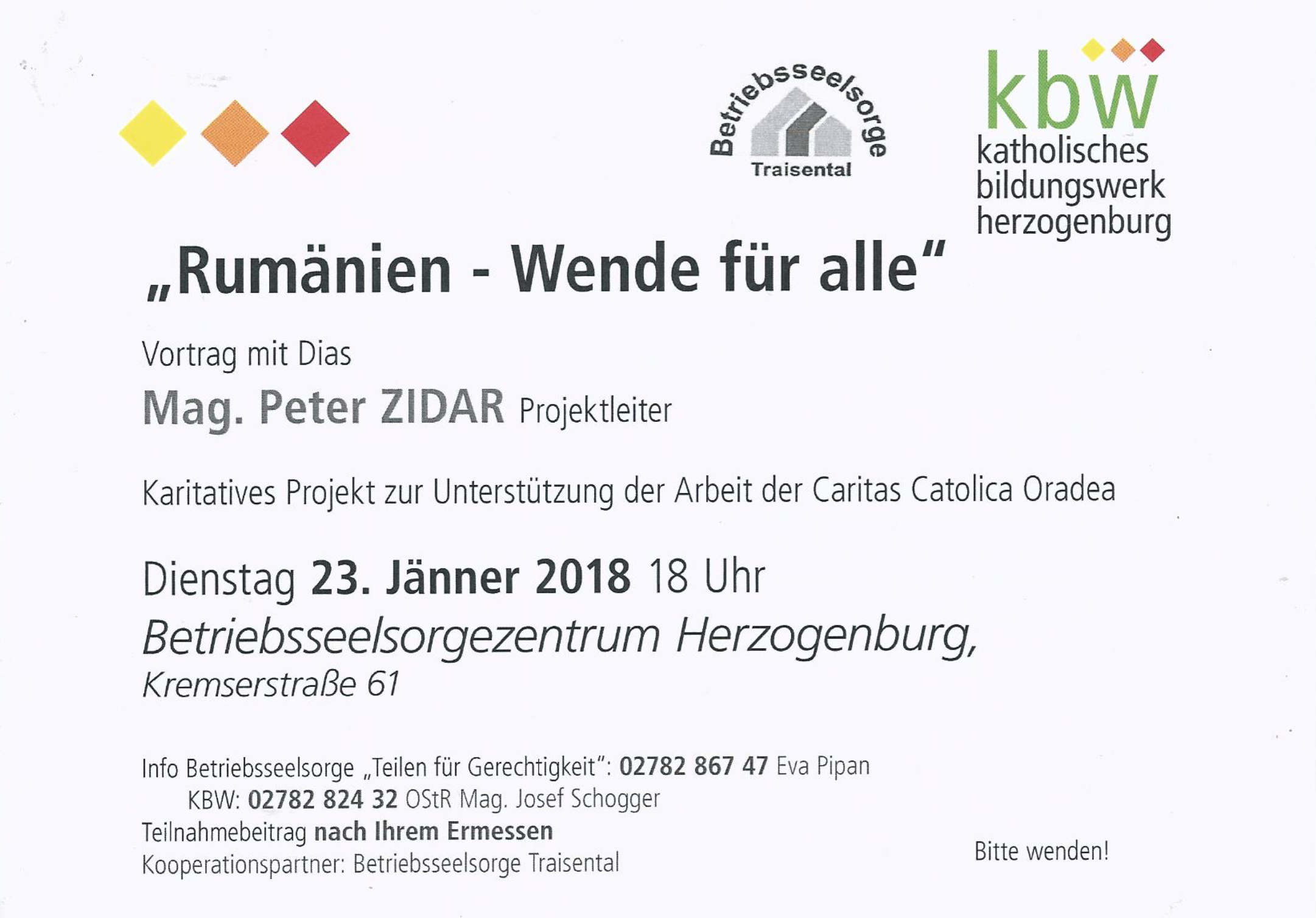 Teil Eins der offiziellen Einladung zum Vortrag von Peter Zidar.