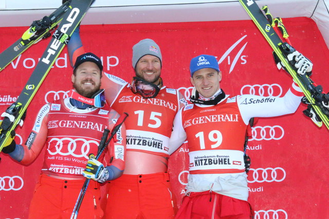 Kjetil Jansrud (2.), Aksel Lund Svindal (1.), Matthias Mayer (3.) - v.l.n.r.