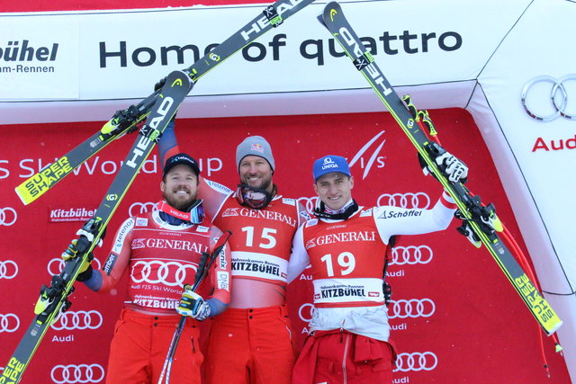 Kjetil Jansrud (2.), Aksel Lund Svindal (1.), Matthias Mayer (3.) - v.l.n.r.