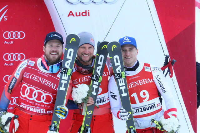"The HEAD is on": Kjetil Jansrud (2.), Aksel Lund Svindal (1.), Matthias Mayer (3.) - v.l.n.r.