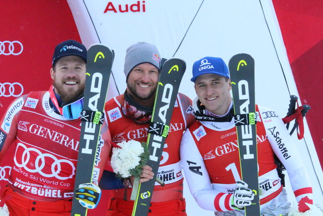 Kjetil Jansrud (2.), Aksel Lund Svindal (1.), Matthias Mayer (3.) - v.l.n.r.