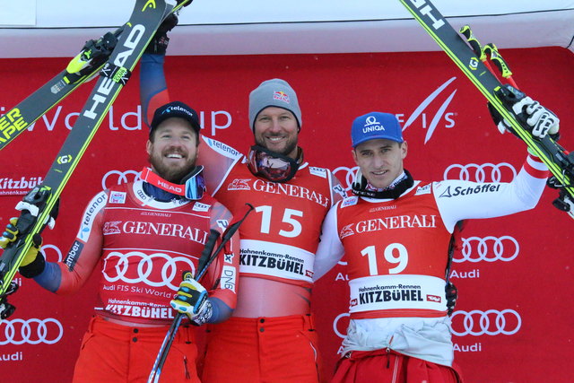 Kjetil Jansrud (2.), Aksel Lund Svindal (1.), Matthias Mayer (3.) - v.l.n.r.