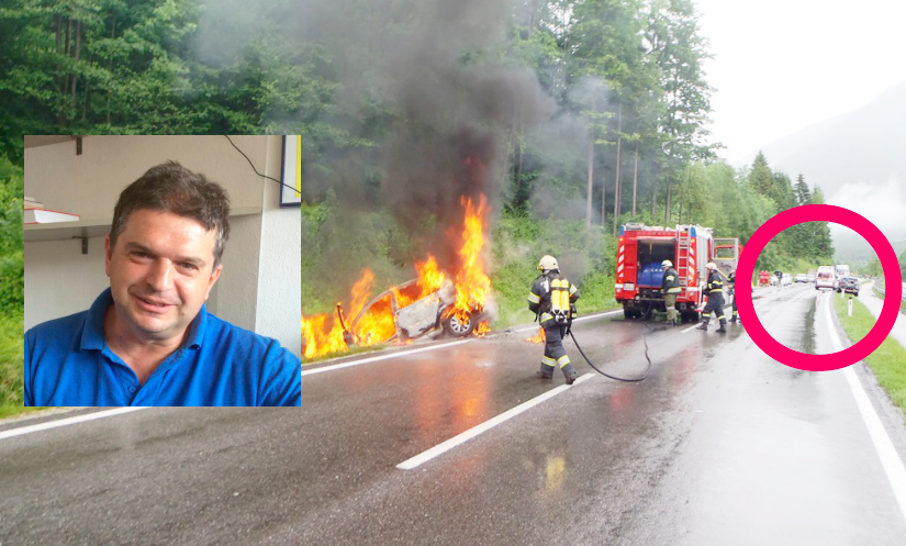 Links das brennende Auto von Josef Strassmair, rechts im roten Kreis das Fahrzeug von Johann Ebner. Der Niederösterreicher ist im kleinen Bild zu sehen.