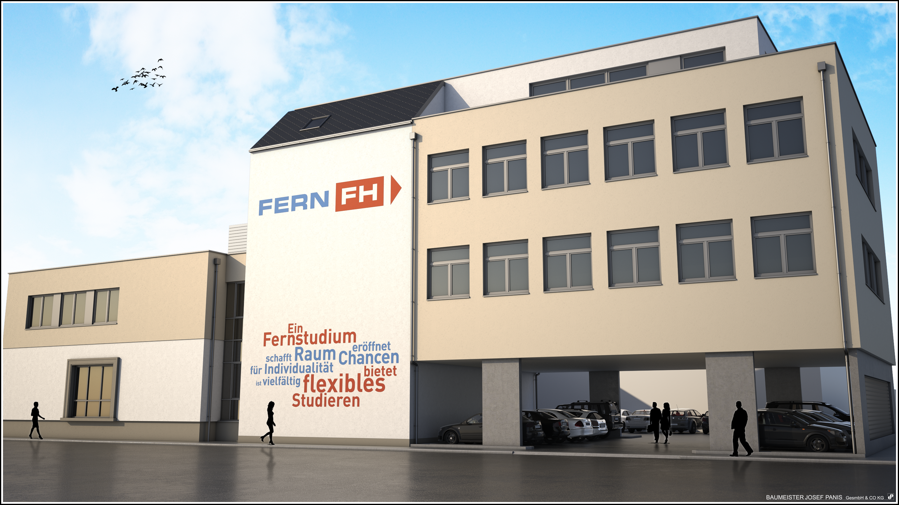 Eine Ansicht des neuen FernFH Campus (Blick von der Beethovenallee).