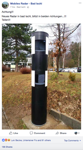 Via Facebook-Postings informierten "Mobiles Radar – Bad Ischl" und "Verkehrskontrollen-Alarm Salzkammergut" über die neuen Radarkästen.