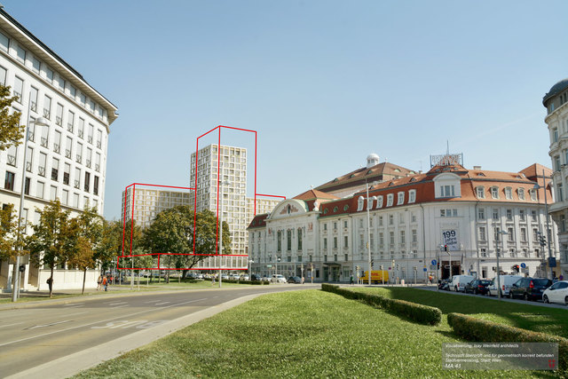 Im Vordergrund Akademietheater und Konzerthaus, im Hintergrund das geplante Projekt am Heumarkt. Die roten Striche zeigen, wie hoch die erste Version war - doch auch jetzt ist der Turm mit 66 Metern der Unesco zu hoch. | Foto: Entwurf: Isay Weinfeld und Sebastian Murr, Rendering: nightnurse images, Zürich