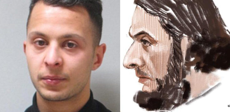 Abdeslam links bei seiner Festnahme, re. Gerichtszeichnung.