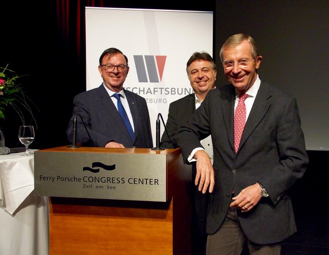 Landeshauptmann Wilfried Haslauer mit Nick Kraguljac, Obmann Wirtschaftsbund Pinzgau und Bürgermeister Peter Padourek.