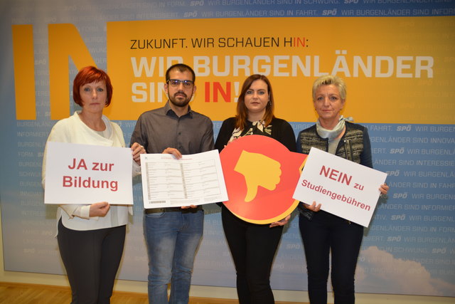 „Nein zu Studiengebühren“ sagen Klaudia Friedl, Kilian Brandstätter, Astrid Eisenkopf und Doris Prohaska