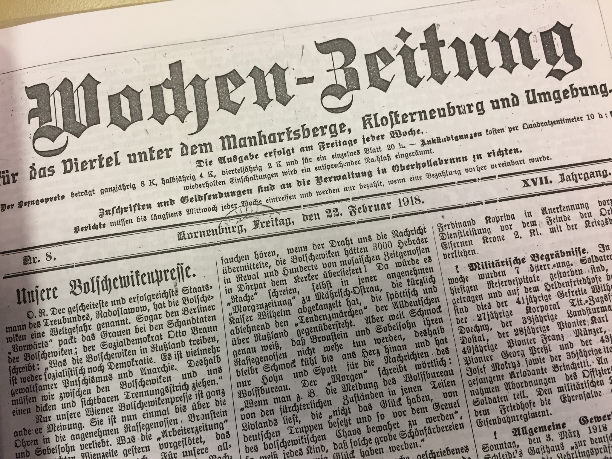 Vor 100 Jahren 22. Februar 1918 Korneuburg