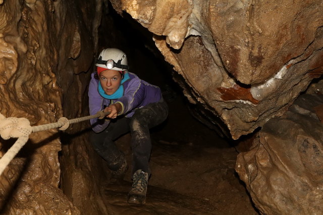 Forscherin Sandra Aurenhammer bei der Arbeit in der Odelsteinhöhle in Johnsbach. | Foto: Christian Komposch, Ökoteam