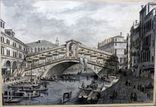 Die Rialtobrücke in Venedig vor 1748 / Giovanni Battista Moretti