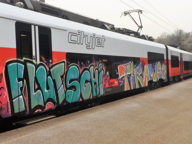 Großflächige Graffitis verursachen etwa 5.000 Euro Schaden am Triebwagen.