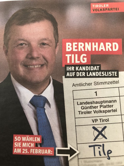 Mit dem Inserat warb die ÖVP für eine Vorzugstimme für Bernhard Tilg. | Foto: Sujet Tiroler Volkpartei