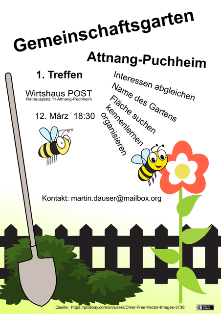 Treffen Gemeinschaftsgarten Attnang-Puchheim. Achtung: dieser Eintrag ist nicht mehr aktuell! Plakat fr 1. Treffen Gemeinschaftsgarten Attnang-Puchheim. 1. Treffen Gemeinschaftsgarten Attnang-Puchheim