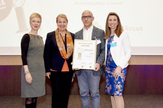 Cura-Verleihung: Uni-Pflegewissenschaft-Vorständin Hanna Mayer, Bundesministerin Beate Hartinger-Klein, Curaplus-Erfinder Michael Tesar und Gastgeberin Verena Hübner (Business Circle)