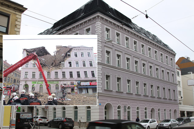 2014 vs. heute: Im damals explodierten Haus in der Mariahilfer Straße 182 sind die ersten Bewohner wieder eingezogen.
