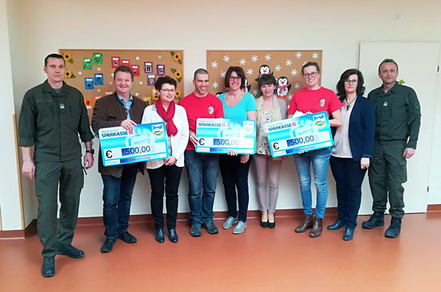 Christian Drucker, Leiterin Irmgard Koller, Otto Nehrer, Leiterin Jutta Gari, Leiterin Claudia Mader, Anna-Maria Henkel-Odwody, Kulturstadträtin Melitta Biedermann mit den Unteroffizieren Rene Hübsch und Franz Dangl bei der Spendenübergabe. | Foto: Stadtgemeinde Waidhofen