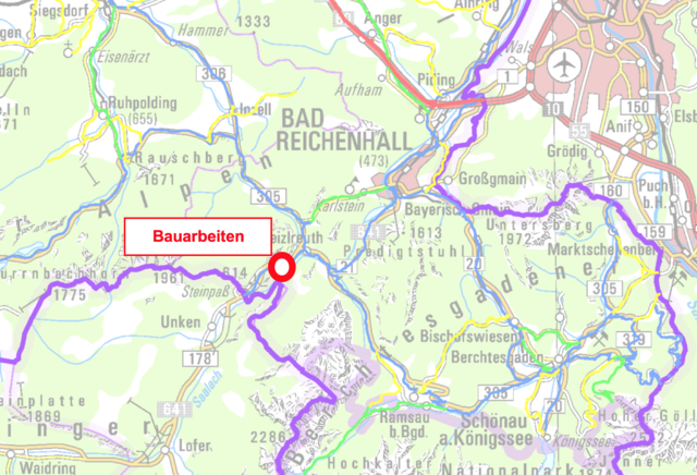 Achtung Autofahrer - Deutsches Eck: Ab 9. April 2018 finden Bauarbeiten zwischen Melleck und Bad Reichenhall statt. Die Bundesstraße "B 21" wird mit einer Ampel geregelt und nur einspurig befahrbar sein.