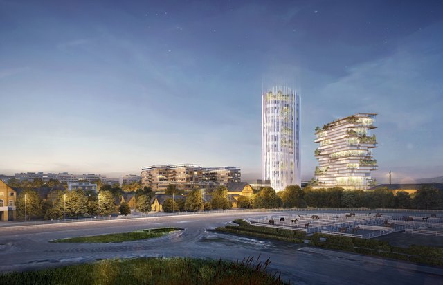 Das Siegerprojekt, gesehen von der Trabrennbahn: Links entstehen Büros und ein Hotel, rechts wird gewohnt. | Foto: Entwurf: MCA/IC Development GmbH