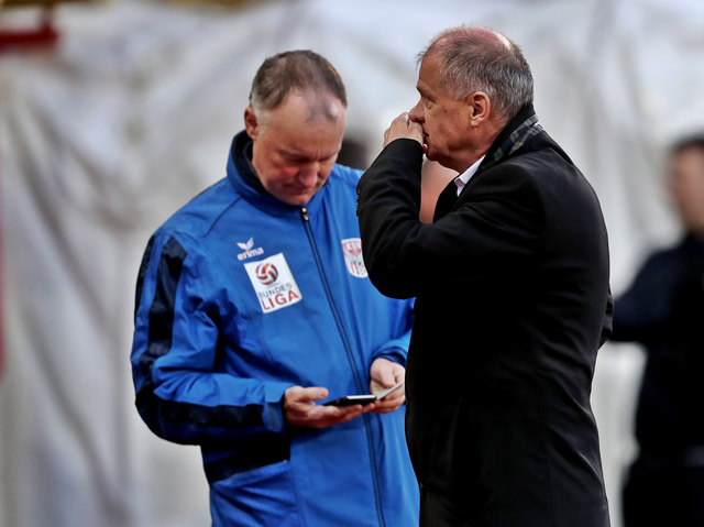 KAPFENBERG,AUSTRIA,06.APR.18 - SOCCER - Sky Go Erste Liga, KSV 1919 vs SV Ried. Image shows chairman Guenter Krenn and president Erwin Fuchs (Kapfenberg). Photo: GEPA pictures/ Hans Oberlaender