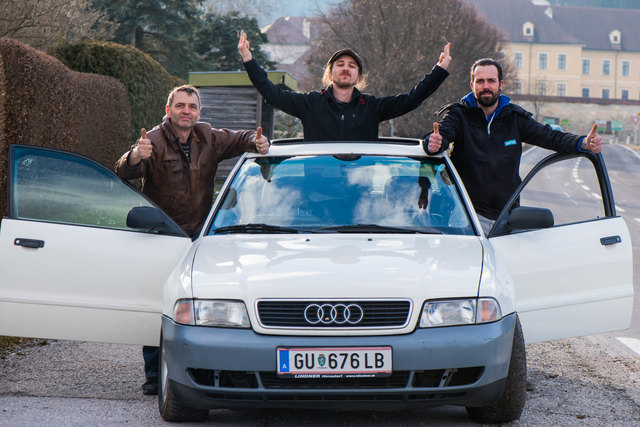 Team "Rein": Erich & Florian Fasching, Markus Kainz & dem Audi A4, der sie an die Ziellinie in Split bringen soll