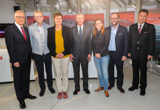 Landtagswahl Salzburg 2018 – Runde der Spitzenkanditaten: v.l. Walter Steidl, Karl Schnell,Astrid Rössler, Wilfried Haslauer, Marlene Svazek, Sepp Schellhorn und Hans Mayr.