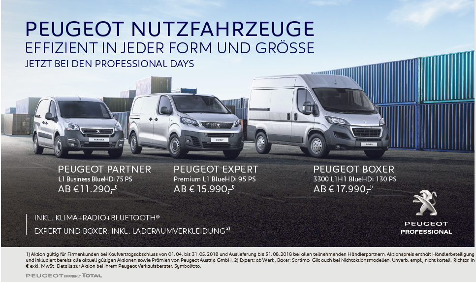 Frühlings-Aktionswochen auf PEUGEOT Nutzfahrzeuge gibt es derzeit bei Autohaus Schlitters im Zillertal.
Mehr Infos unter: 05288-87150