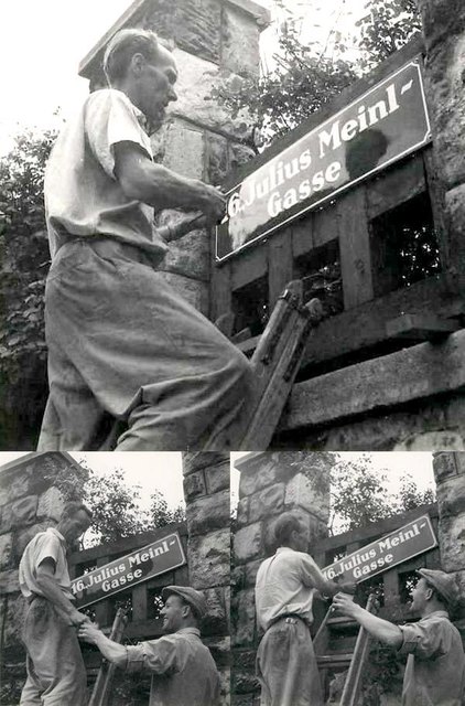 Anton Lissy bei der Montage von Straßenschildern in den 1960er Jahren