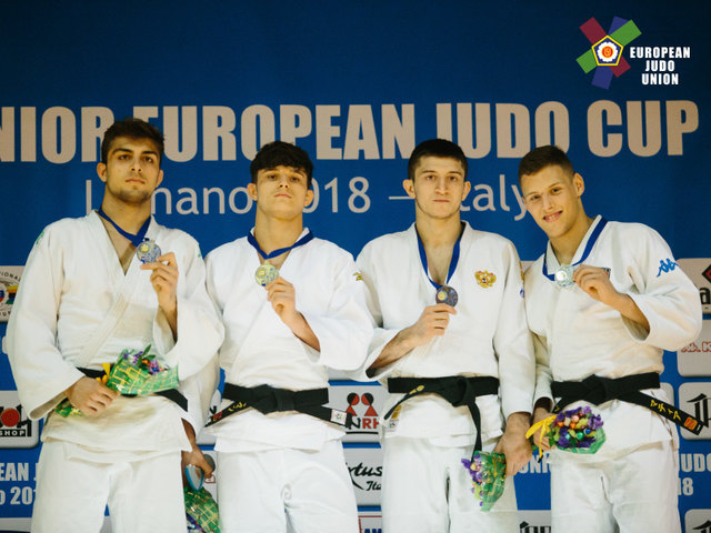 Lignano 2018 Europacup-Sieger der Perchtoldsdorfer Volksbank Galaxy Judo Tiger Mathias CZIZSEK (2.v.li), links der zweitplatzierte Matteo MAZZI (ITA) sowie die drittplatzierten Georgii ELBAKIEV (RUS) und Mattia PROSDOCIMO (ITA)
