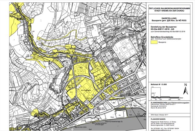 Auf solchen Plänen kennzeichnet die Stadt Krems betroffene Grundstücke.