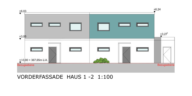 Blick auf die Vorderseite eines Doppelhauses. | Foto: denkwerk