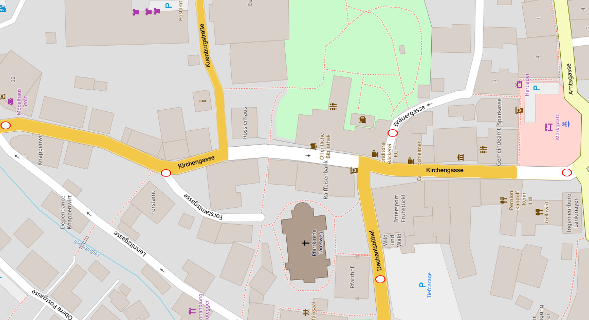 Bauarbeiten in Tamsweg ab 2. Mai. Betroffen sind die Kirchengasse, der Dechantsbühel und die Kuenburgstraße- in der Karte orange gefärbt. Rote Kreise markieren Fahrverbote.