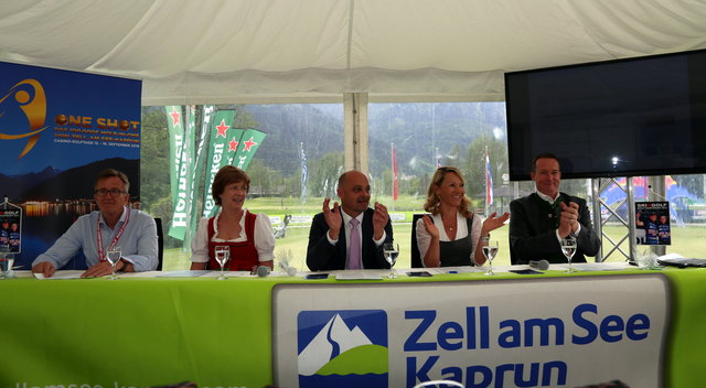 Die Teilnehmer v.l. Carl Schichl Veranstalter Golf&Ski WM, Verena Kuhlank Geschf. Golfplatz Zell/See Kaprun, Günther Mach Gaming Manager Casino Zell am See, Mag. Renate Ecker Geschäftsführerin Zell am See-Kaprun Tourismus  und Mag. Georg Segl Obmann Tourismusverband Zell am See.