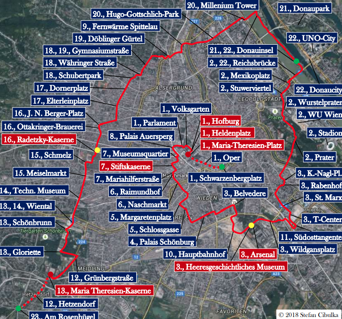 Die beeindruckende Marschroute durch alle 23 Wiener Bezirke.