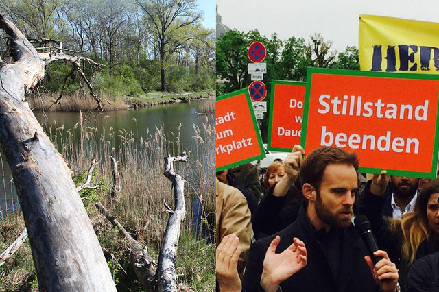 Links: Der Lobautunnel würde unter der Dechantlacke durchführen. Rechts: 300 Menschen demonstrierten im Jahr 2016 für das Projekt. | Foto: Fotomontage: Alliance for Nature/C. Schuhböck und VP Wien