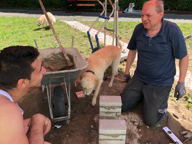 Österreichisch-syrische Kooperation: Manfred und George samt Pfarrhund Maxi