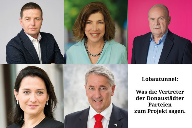 Anton Mahdalik (FPÖ), Heidi Sequenz (Grüne), Ferdinand Maier (NEOS), Gudrun Kugler (ÖVP) und Ernst Nevrivy (SPÖ) (v.li.o.) beziehen Stellung zum Lobautunnel.