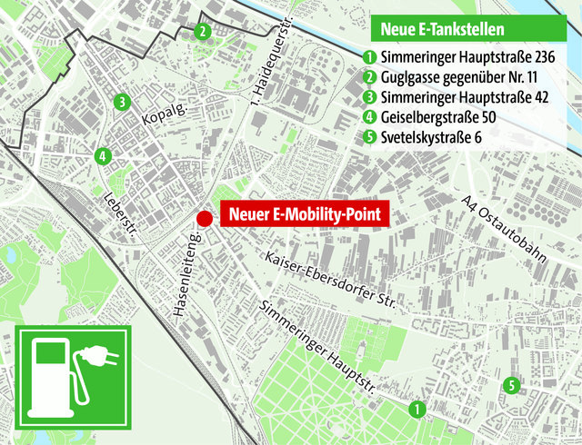 Fünf neue E-Tankstellen werden im Bezirk errichtet. Bodenmarkierungen kennzeichnen die Plätze mit je zwei Ladesäulen.