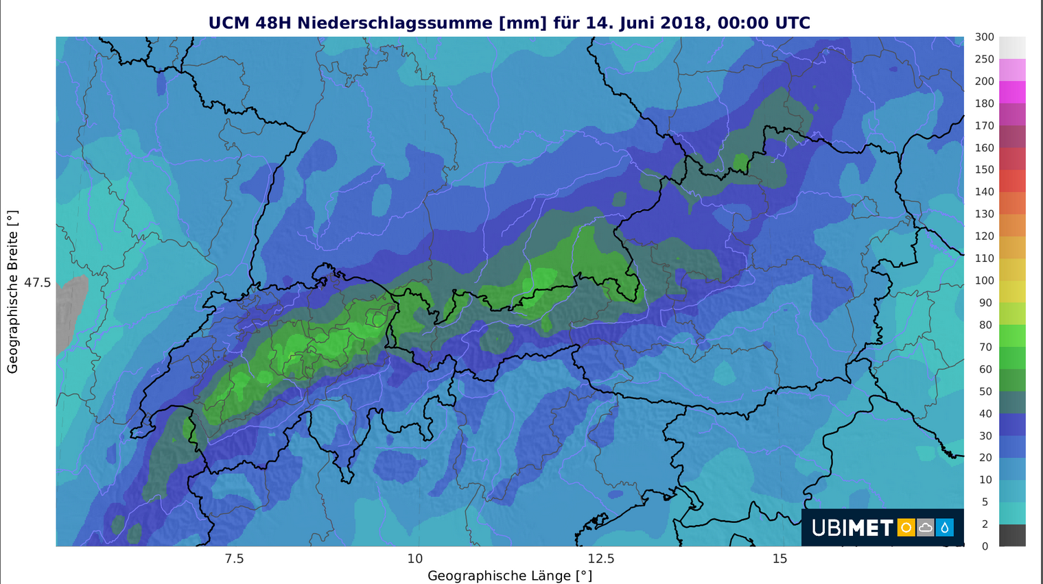 48-stündige Niederschlagsmenge bis Donnerstag, 14. Juni 2018, 0