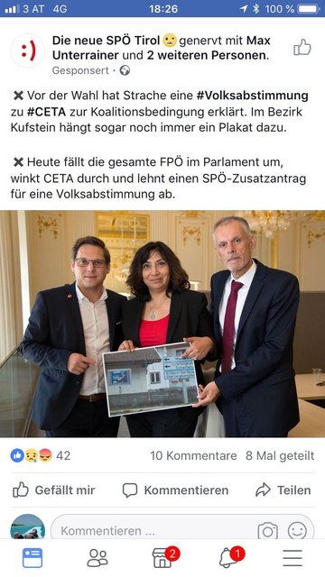 Stein des blauen Anstoßes: die Tiroler SPÖ-Nationalräte zeigen ein Bild von einem FPÖ-Schaukasten im Bezirk in Bezug auf die FPÖ-Kehrtwende bei CETA. | Foto: Screenshot: Abwerzger