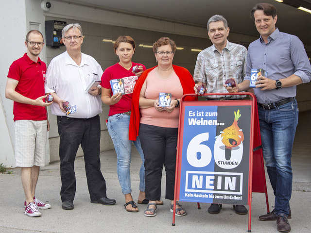 "Es ist zum Weinen...": Bernhard Wurm, Andreas Umgeher, Astrid Poiß, Rosemarie Wögerer, Siegfried Köhsler und Gerhard Riegler verteilten Zwiebeln an Passanten und informierten über die Pläne von schwarz/blau. | Foto: SPÖ