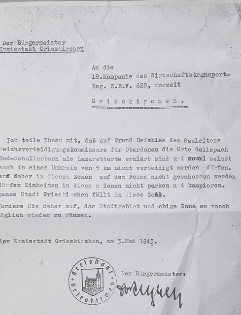 Schreiben des Bürgermeisters vom 3. Mai 1945 | Foto: Stadtarchiv Grieskirchen