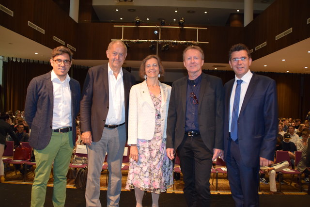 Moderator Andreas Jäger, Prof. Josef Radermacher, Univ.-Prof. Verena Winiwarter, Vize-Rektor Univ.-Prof. Christian Obinger mit Tullns Bürgermeister Peter Eisenschenk.