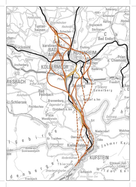 Die Grobtrassenplanung zum BBT-Nordzulauf zwischen Schaftenau und der Region um Rosenheim. Schwarze Linien zeigen die Bestandsstrecken, orange Linien die Trassenvarianten, strichliert sind unterirdische Strecken.