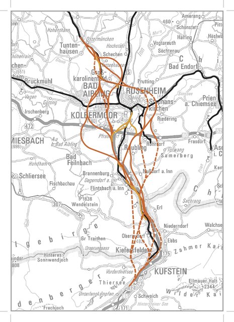 Die Grobtrassenplanung zum BBT-Nordzulauf zwischen Schaftenau und der Region um Rosenheim. Schwarze Linien zeigen die Bestandsstrecken, orange Linien die Trassenvarianten, strichliert sind unterirdische Strecken. | Foto: BBT-Nordzulauf