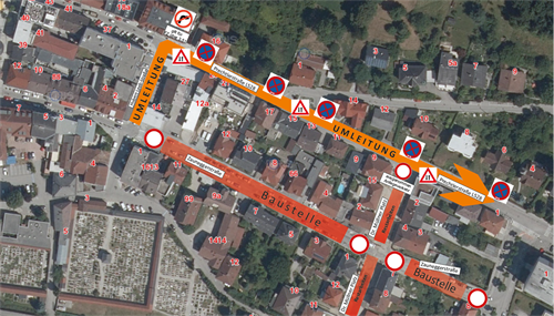Die Umleitung während der Sperre der Zauneggerstr. in Grieskirchen von 9. Juli bis Ende August.