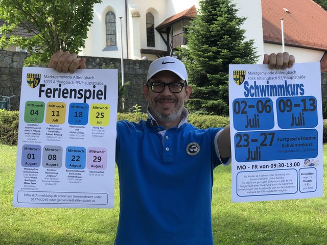 Vizebürgermeister Daniel Kosak rührt die Werbetrommel für die Schwimmkurse und das Ferienspiel in Altlengbach.